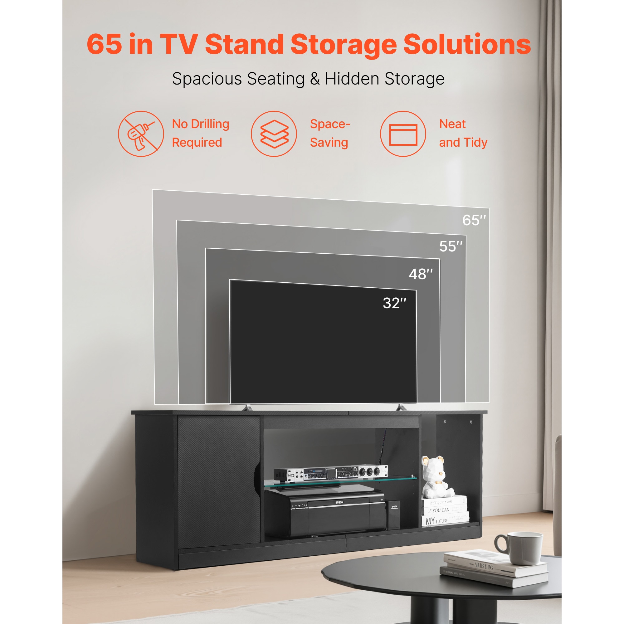 TV Stand For TVs Up To 65 In Modern Entertainment Center With Glass Shelf_maomaolike.com